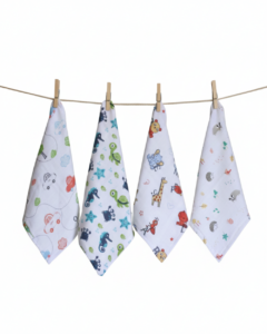 Tharunsha Elite Muslin Baby Face Towels – Extra Soft Reusable Hankies (Pack of 4, 25×25 cm, White Printed)